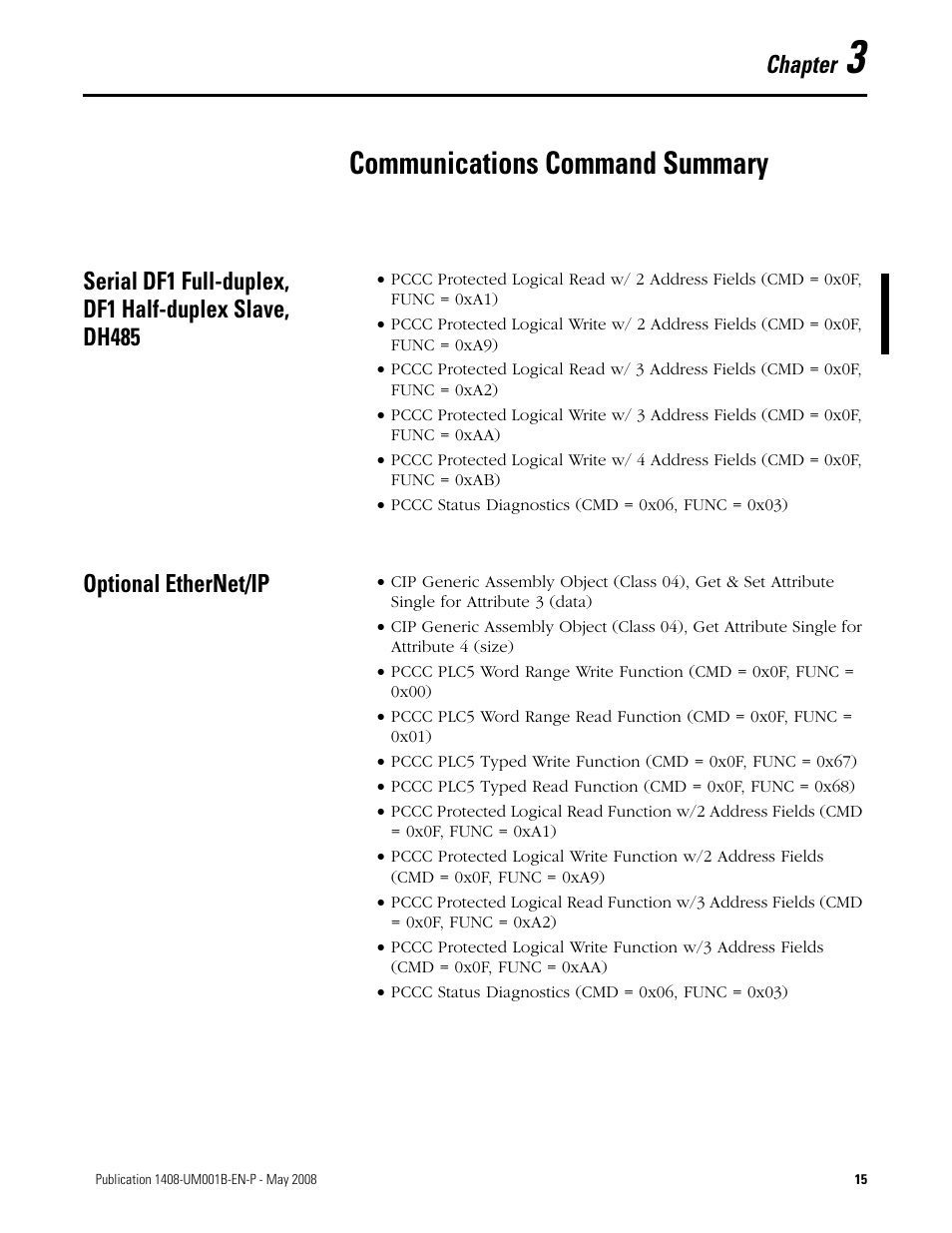 3 - communications command summary, Optional ethernet/ip, Chapter 3 | Communications command summary, Chapter | Rockwell Automation 1408-EMxx PowerMonitor 1000 Unit User Manual | Page 15 / 100