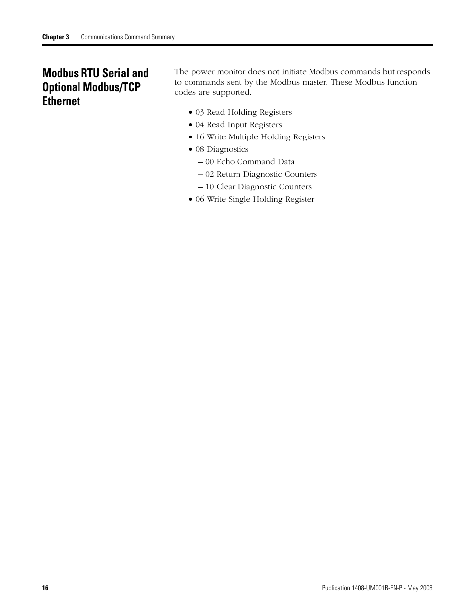 Modbus rtu serial and optional modbus/tcp ethernet | Rockwell Automation 1408-EMxx PowerMonitor 1000 Unit User Manual | Page 16 / 100