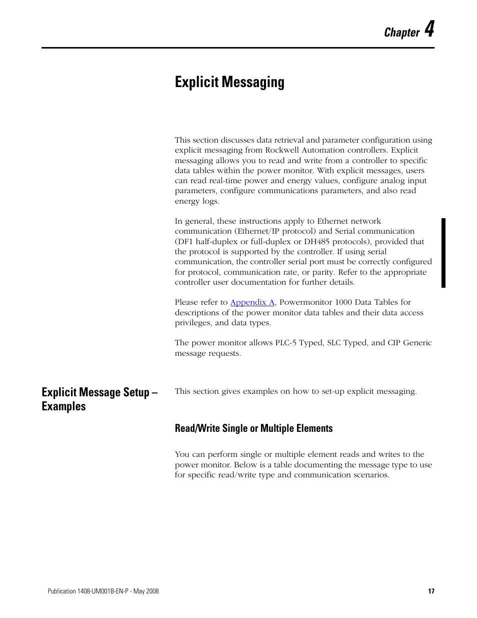 4 - explicit messaging, Explicit message setup - examples, Chapter 4 | Explicit messaging, Explicit message setup – examples, Chapter | Rockwell Automation 1408-EMxx PowerMonitor 1000 Unit User Manual | Page 17 / 100