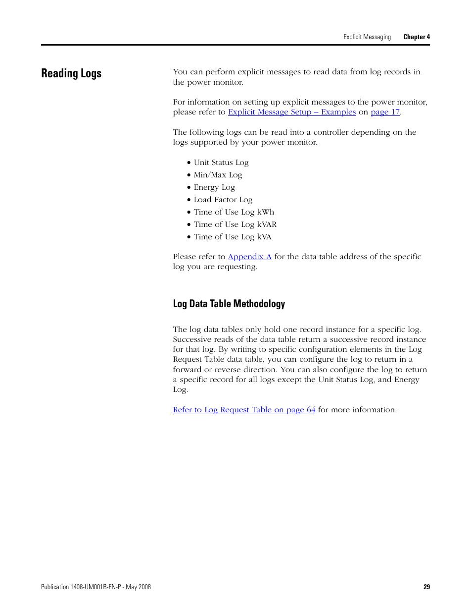 Reading logs, Log data table methodology | Rockwell Automation 1408-EMxx PowerMonitor 1000 Unit User Manual | Page 29 / 100
