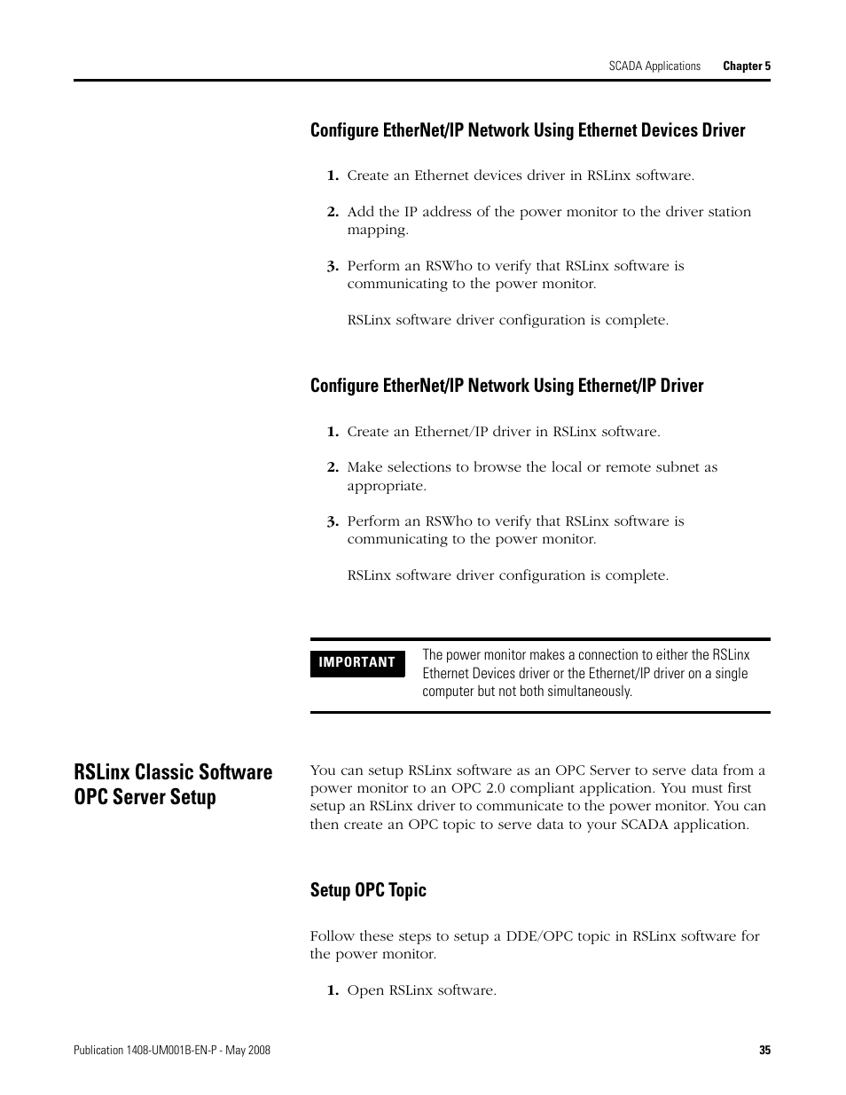 Rslinx classic software opc server setup, Rslinx software opc server setup, Setup opc topic | Rockwell Automation 1408-EMxx PowerMonitor 1000 Unit User Manual | Page 35 / 100