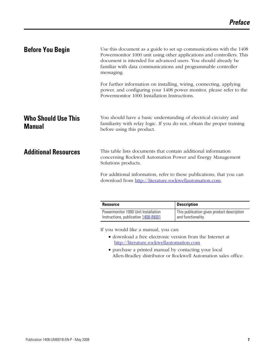 Preface, Before you begin, Who should use this manual | Additional resources, Preface before you begin | Rockwell Automation 1408-EMxx PowerMonitor 1000 Unit User Manual | Page 7 / 100