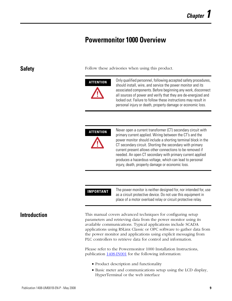 1 - powermonitor 1000 overview, Safety, Introduction | Chapter 1, Powermonitor 1000 overview, Safety introduction, Chapter | Rockwell Automation 1408-EMxx PowerMonitor 1000 Unit User Manual | Page 9 / 100