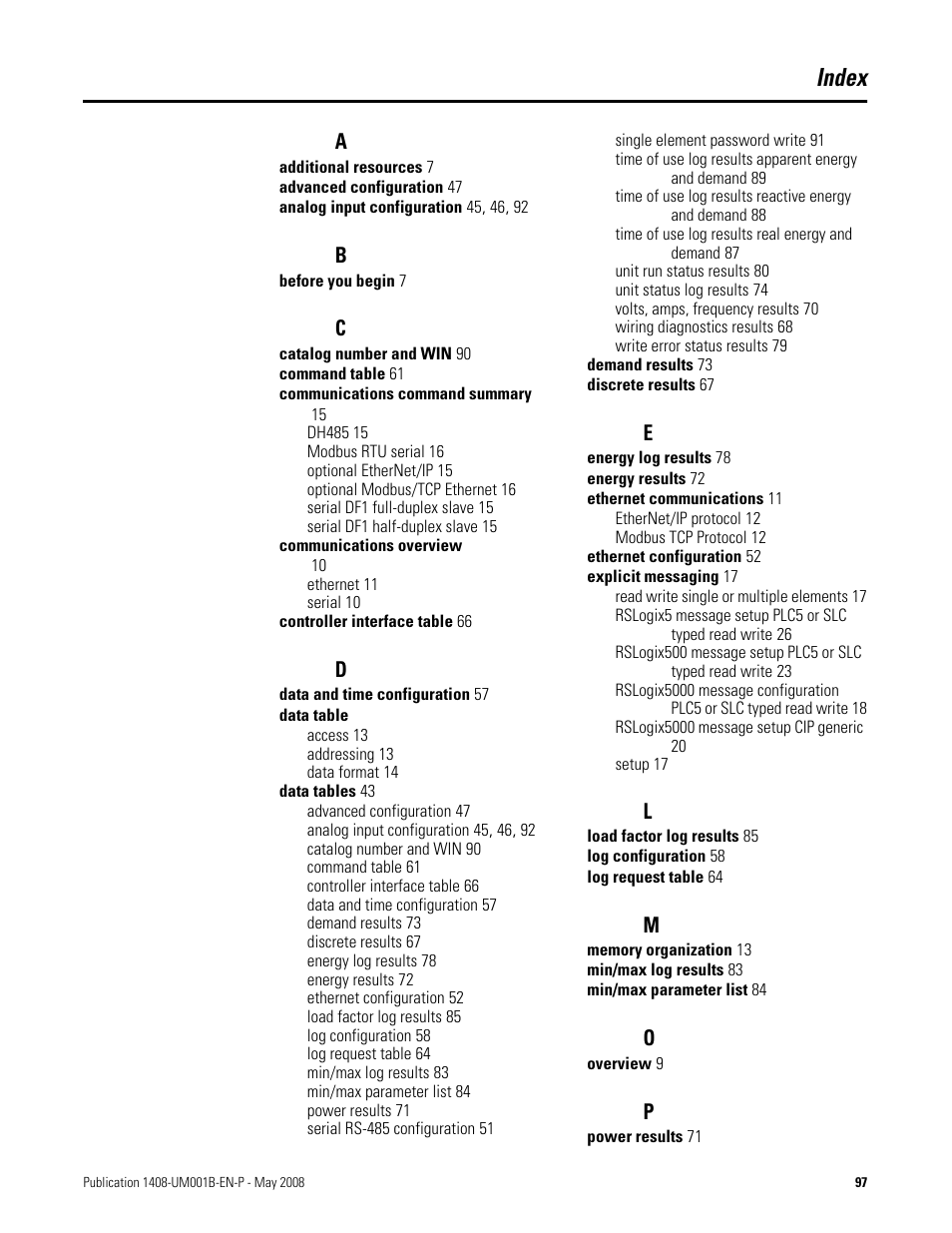Index | Rockwell Automation 1408-EMxx PowerMonitor 1000 Unit User Manual | Page 97 / 100