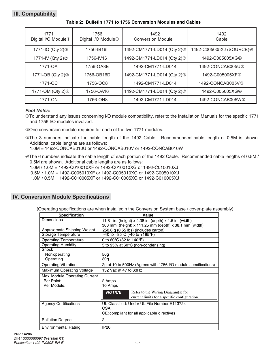 Iv. conversion module specifications, Iii. compatibility | Rockwell Automation 1492-CM1771-LD0014F Field Wire Conversion Module User Manual | Page 3 / 12