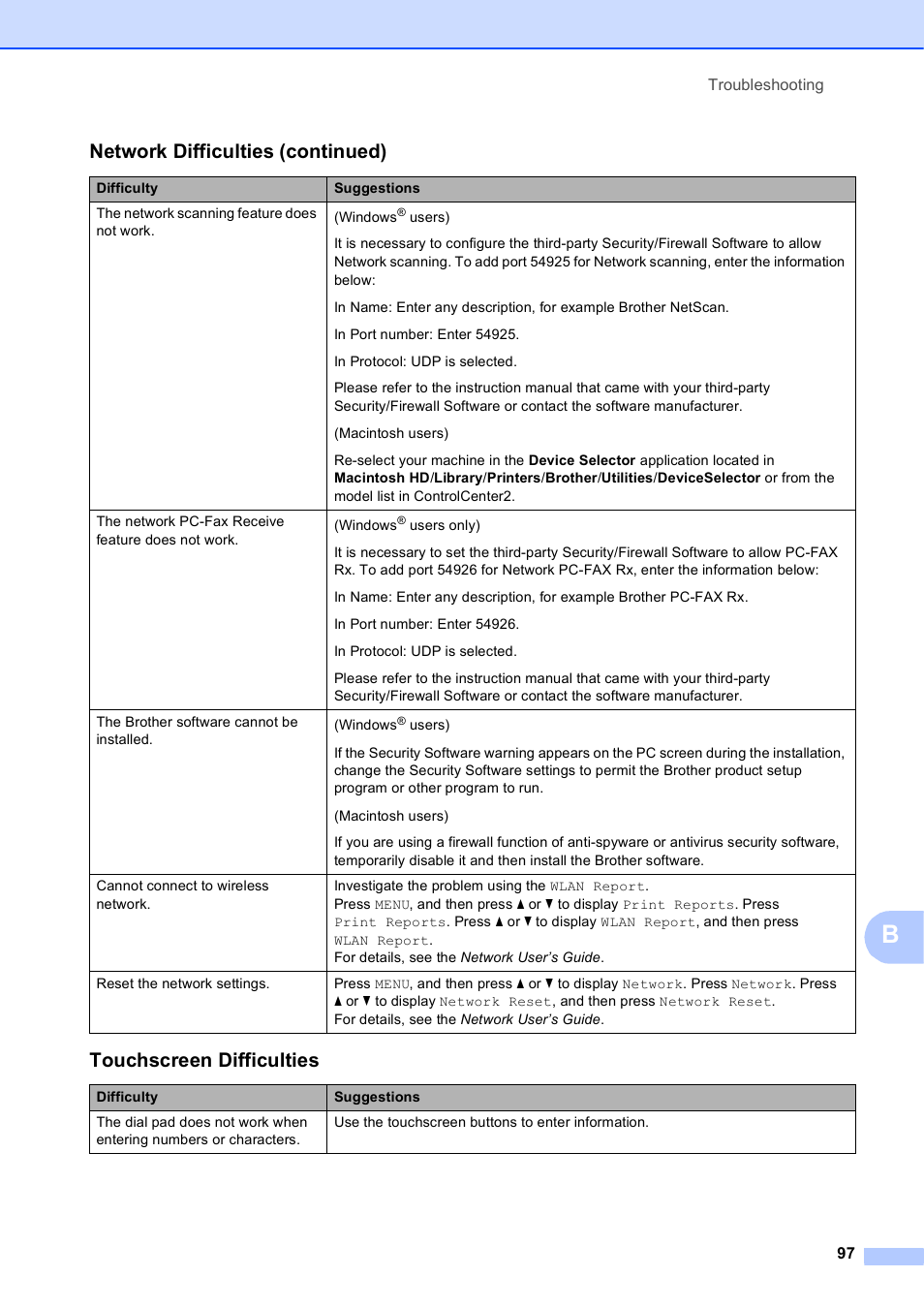 Touchscreen difficulties, Network difficulties (continued) | Brother MFC J6910DW User Manual | Page 111 / 163