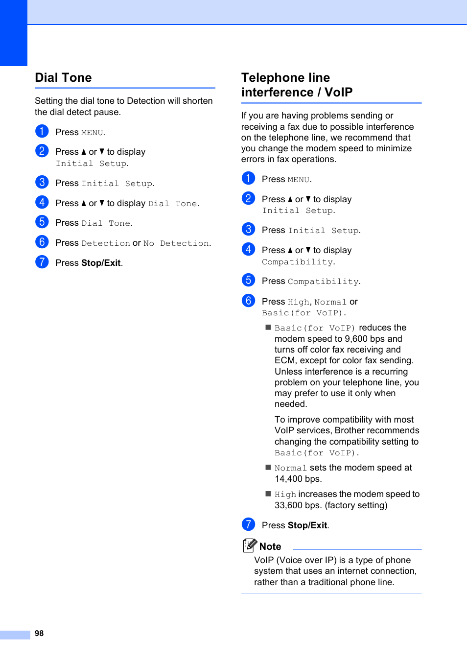 Dial tone, Telephone line interference / voip, Dial tone telephone line interference / voip | Brother MFC J6910DW User Manual | Page 112 / 163