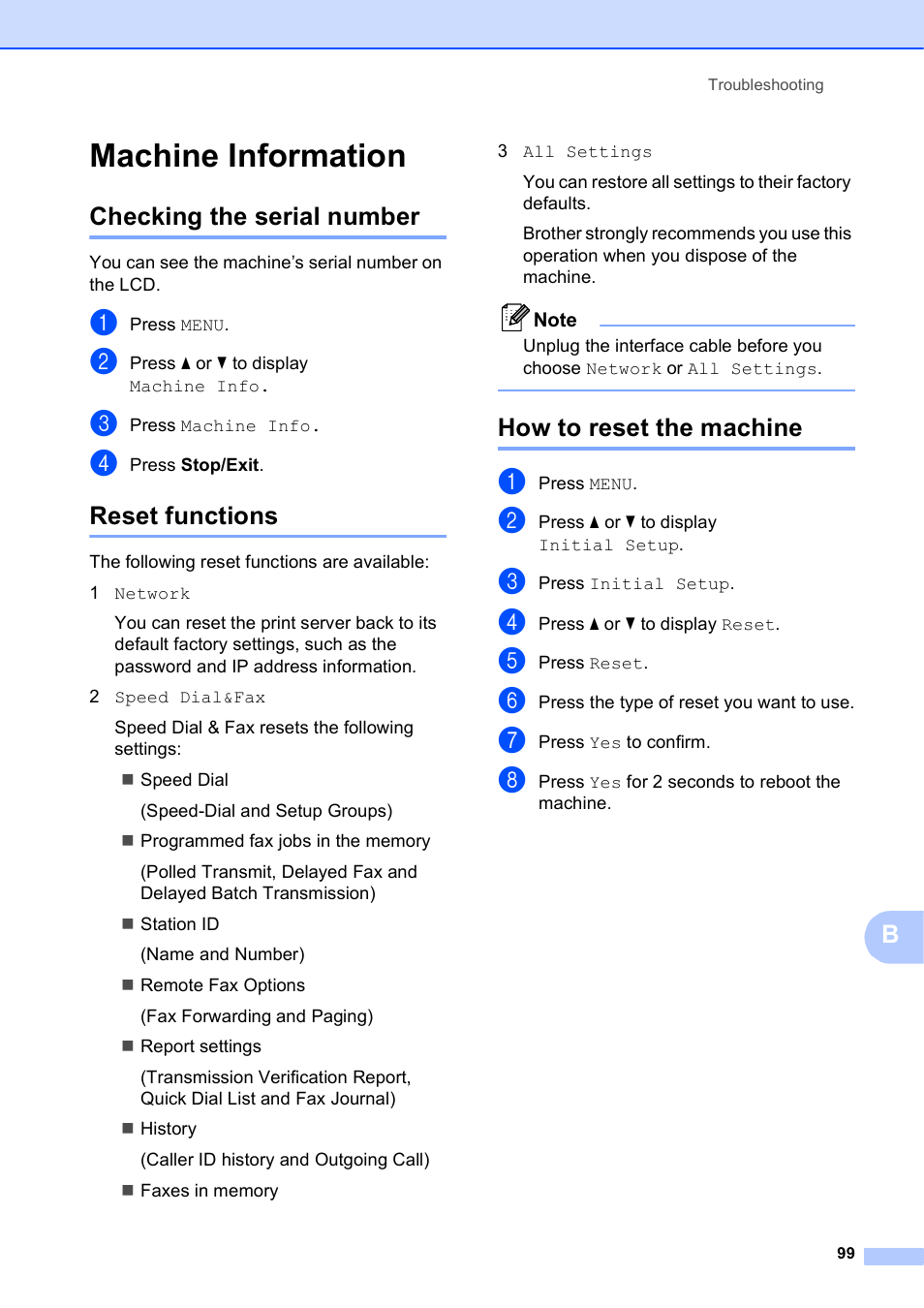Machine information, Checking the serial number, Reset functions | How to reset the machine | Brother MFC J6910DW User Manual | Page 113 / 163