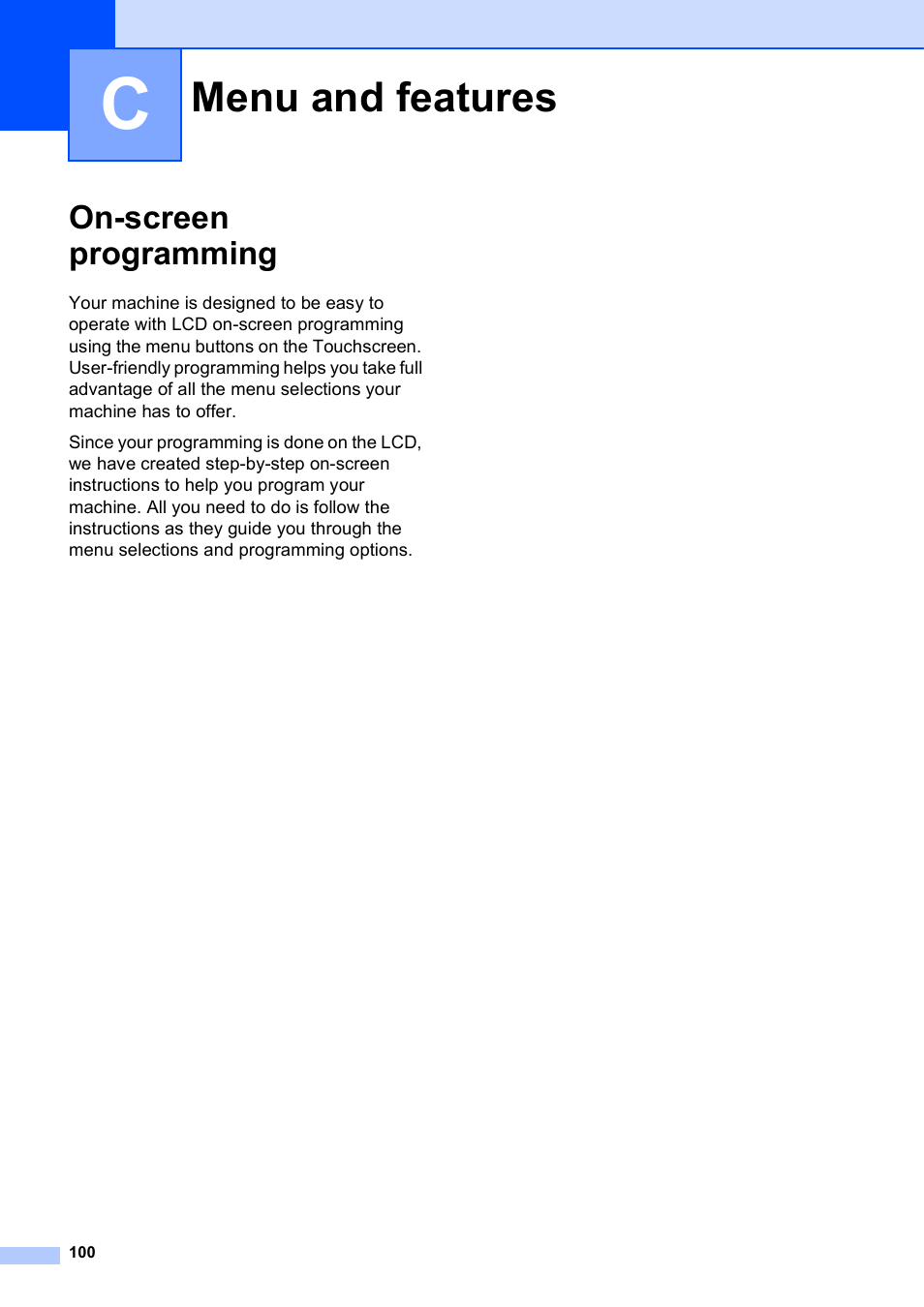 C menu and features, On-screen programming, Menu and features | Brother MFC J6910DW User Manual | Page 114 / 163