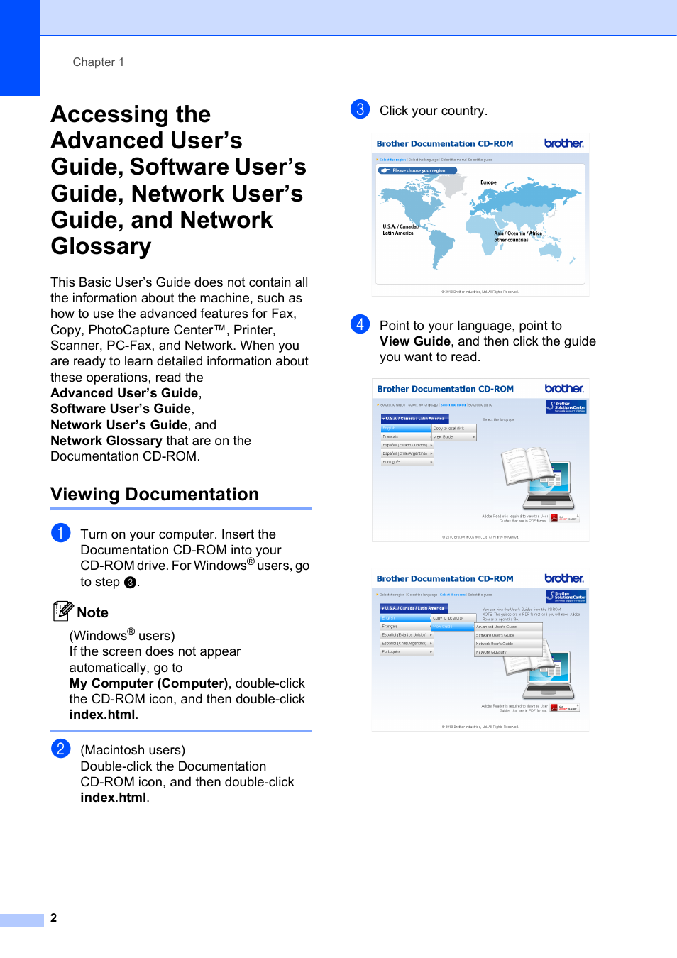 Viewing documentation, Network user’s guide, and network glossary | Brother MFC J6910DW User Manual | Page 16 / 163