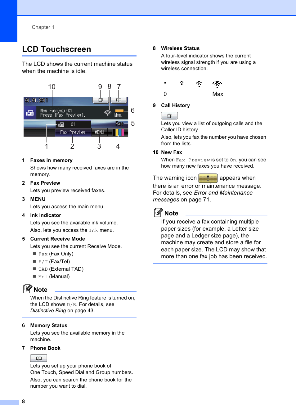 Lcd touchscreen | Brother MFC J6910DW User Manual | Page 22 / 163