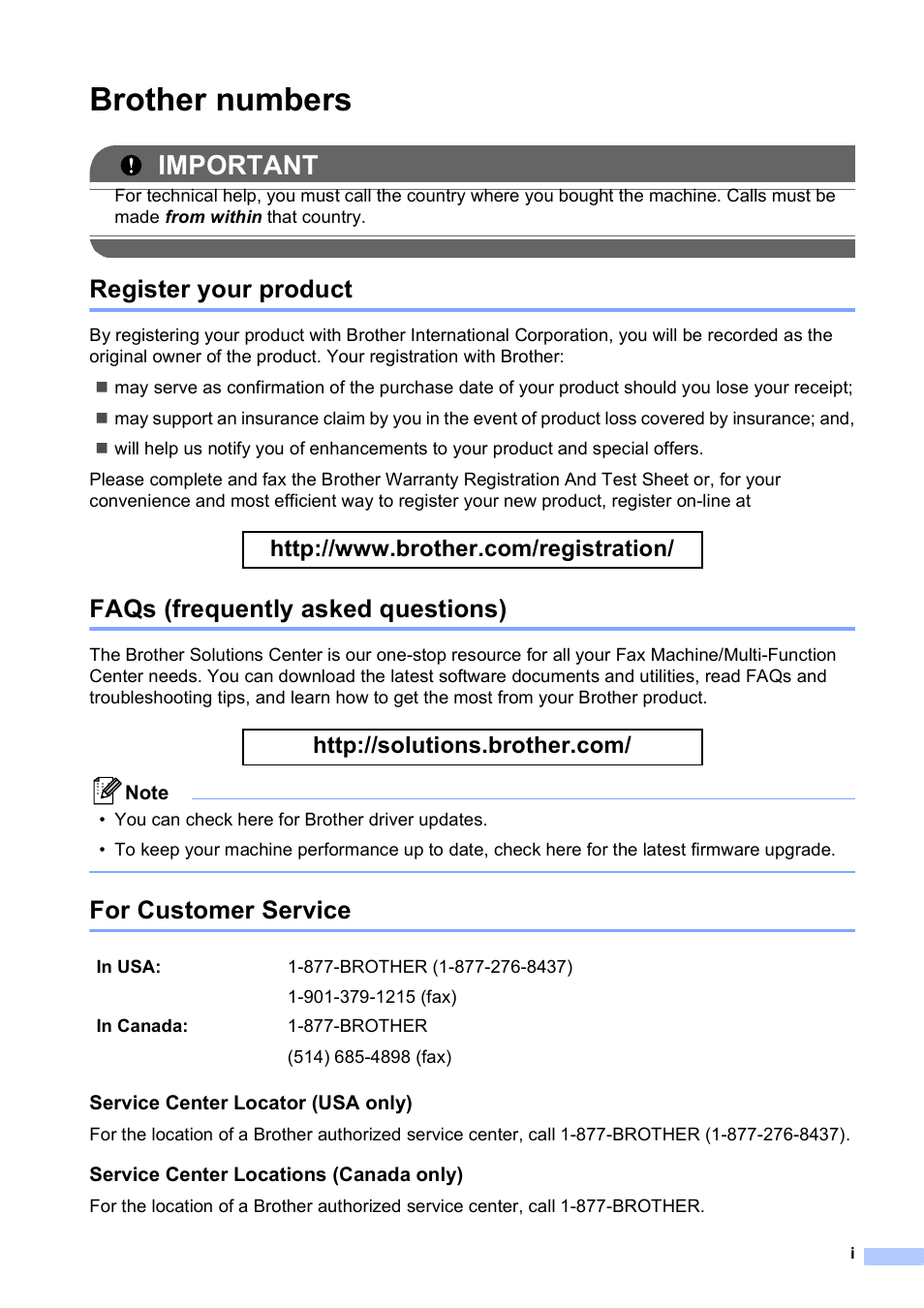 Brother numbers, Register your product, Faqs (frequently asked questions) | For customer service, Important | Brother MFC J6910DW User Manual | Page 3 / 163