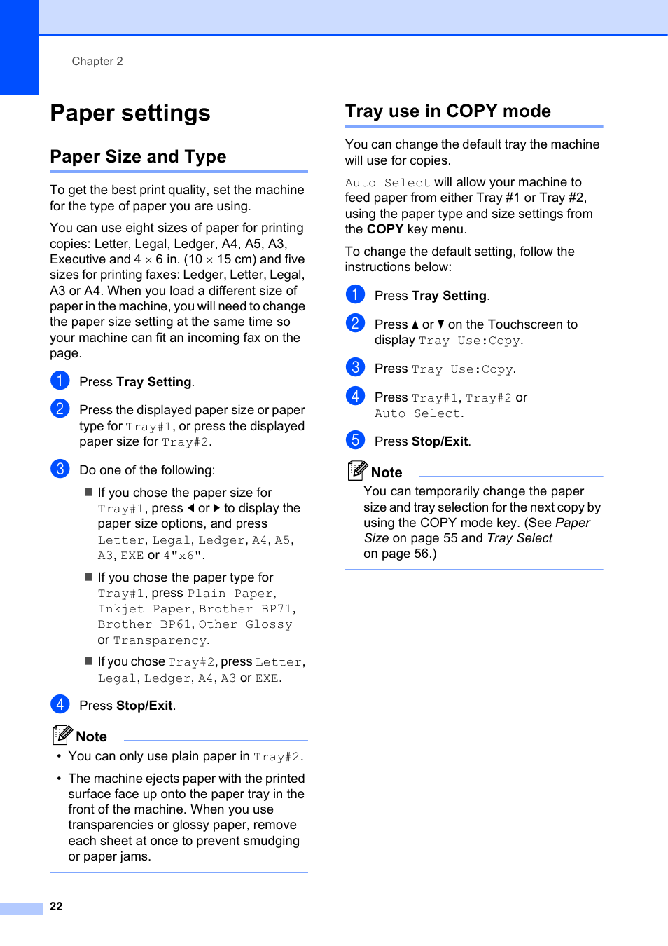 Paper settings, Paper size and type, Tray use in copy mode | Paper size and type tray use in copy mode | Brother MFC J6910DW User Manual | Page 36 / 163