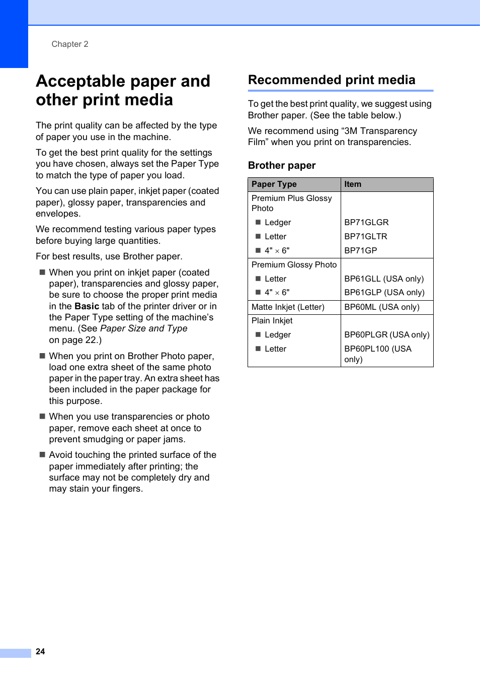 Acceptable paper and other print media, Recommended print media | Brother MFC J6910DW User Manual | Page 38 / 163