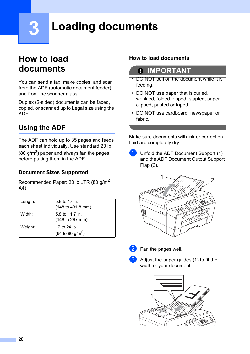 3 loading documents, How to load documents, Using the adf | Document sizes supported, Loading documents, Important | Brother MFC J6910DW User Manual | Page 42 / 163