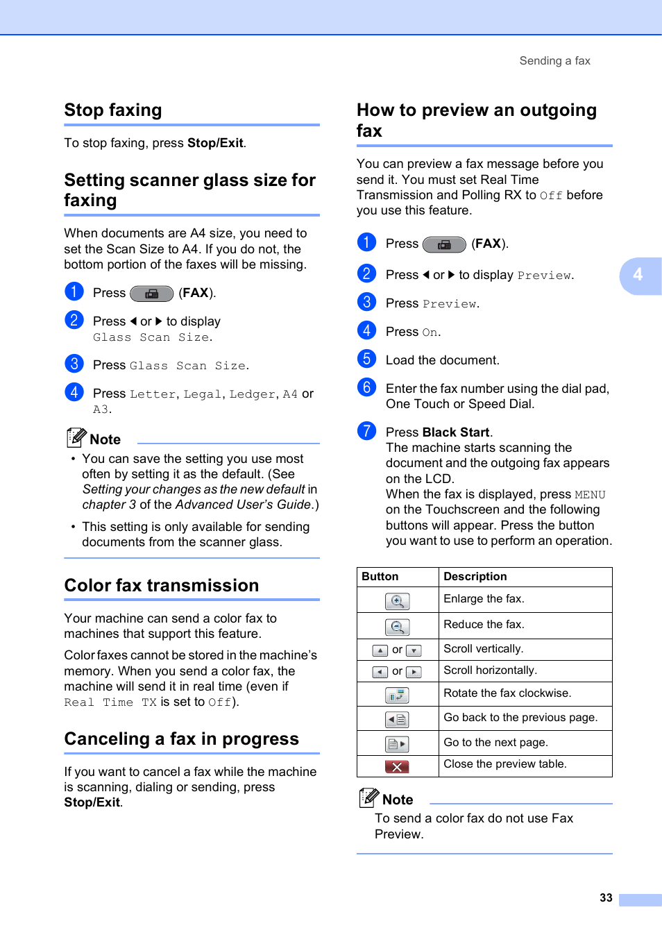 Stop faxing, Setting scanner glass size for faxing, Color fax transmission | Canceling a fax in progress, How to preview an outgoing fax, 4stop faxing | Brother MFC J6910DW User Manual | Page 47 / 163