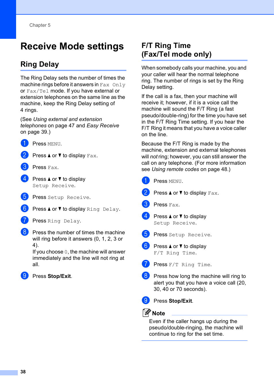 Receive mode settings, Ring delay, F/t ring time (fax/tel mode only) | Ring delay f/t ring time (fax/tel mode only) | Brother MFC J6910DW User Manual | Page 52 / 163