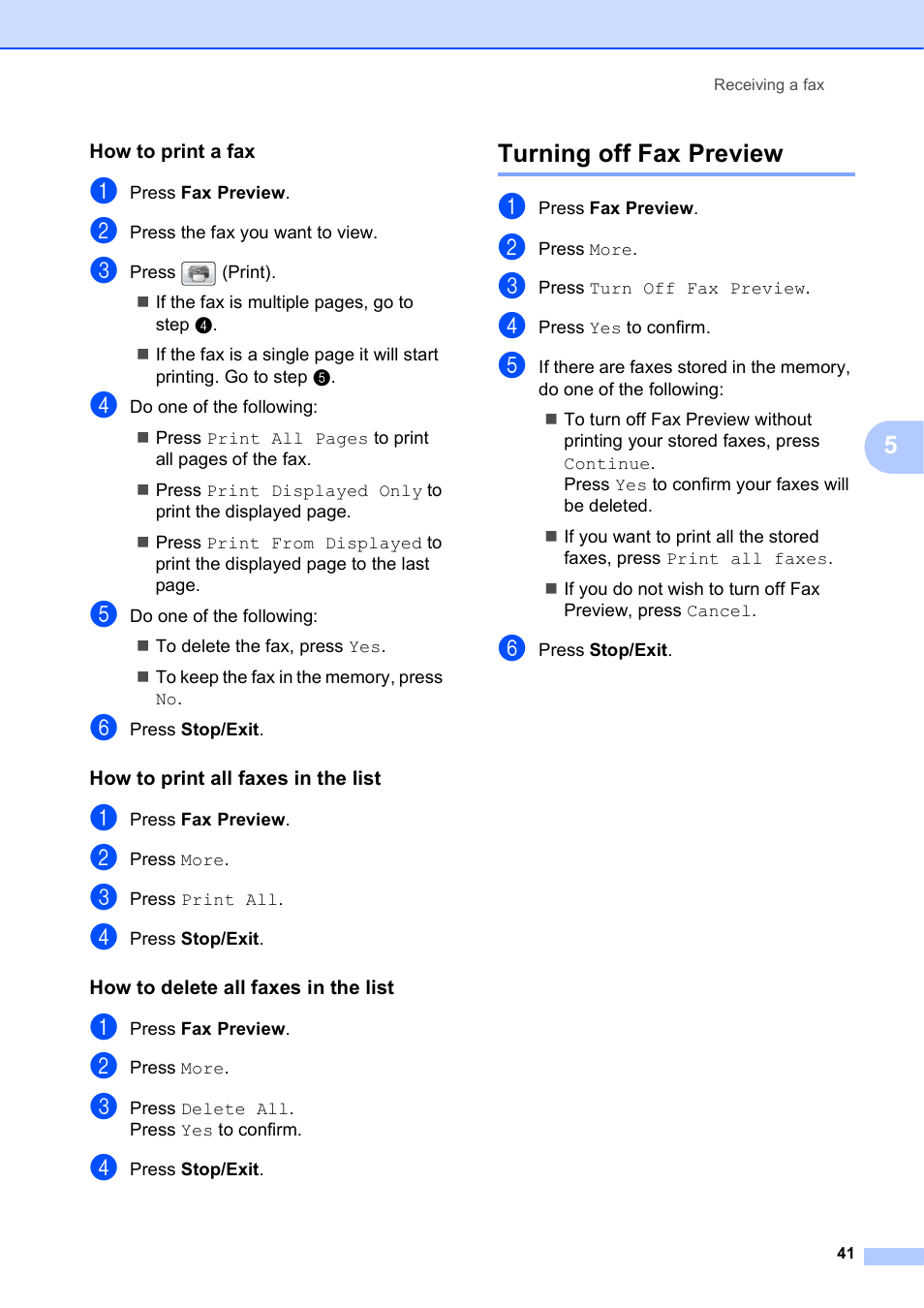 How to print a fax, How to print all faxes in the list, How to delete all faxes in the list | Turning off fax preview | Brother MFC J6910DW User Manual | Page 55 / 163