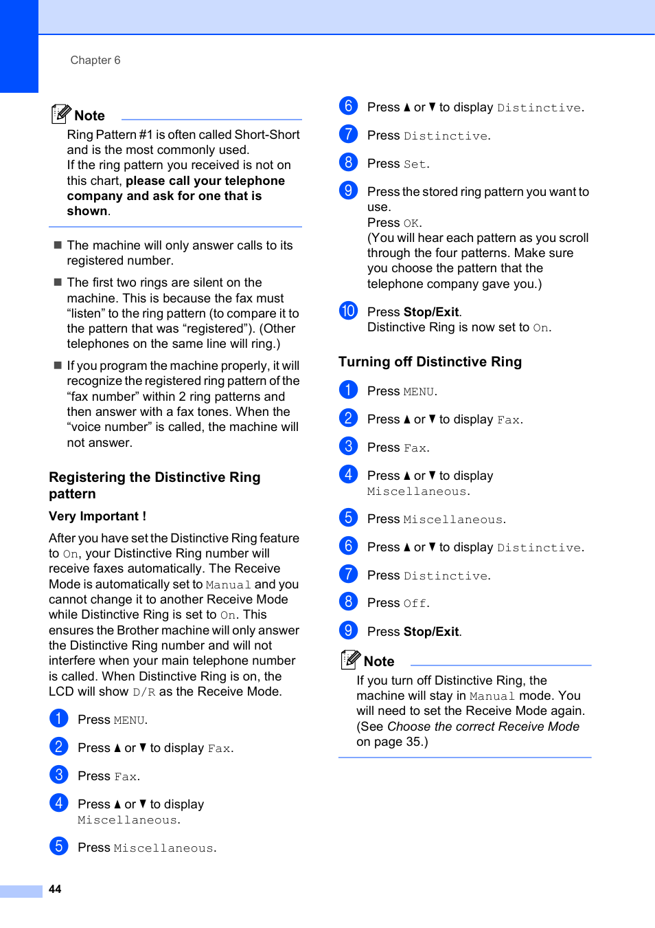 Registering the distinctive ring pattern, Turning off distinctive ring | Brother MFC J6910DW User Manual | Page 58 / 163