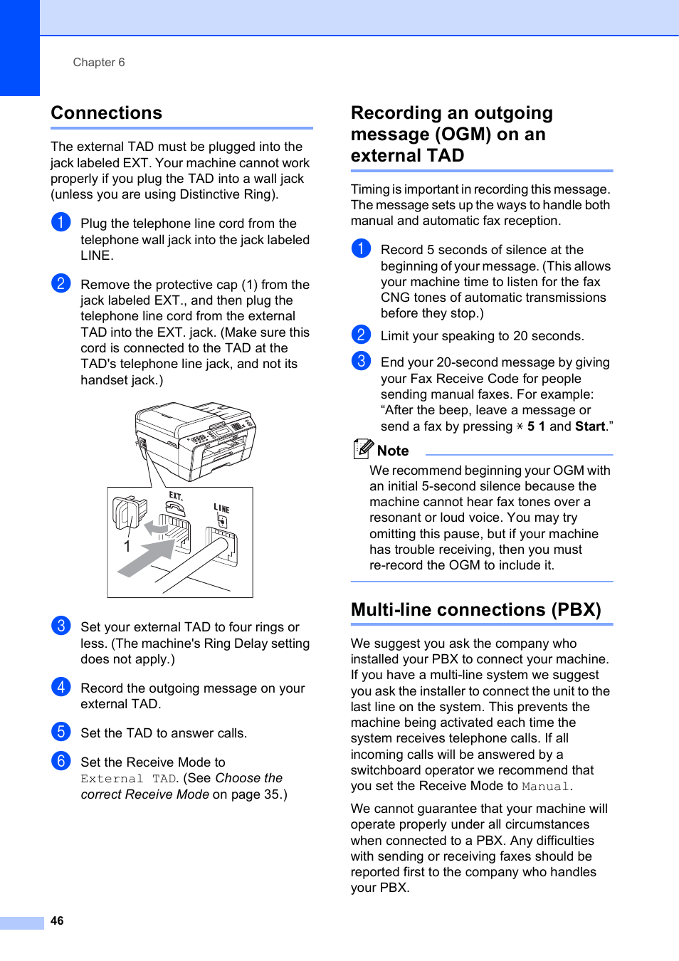 Connections, Multi-line connections (pbx) | Brother MFC J6910DW User Manual | Page 60 / 163