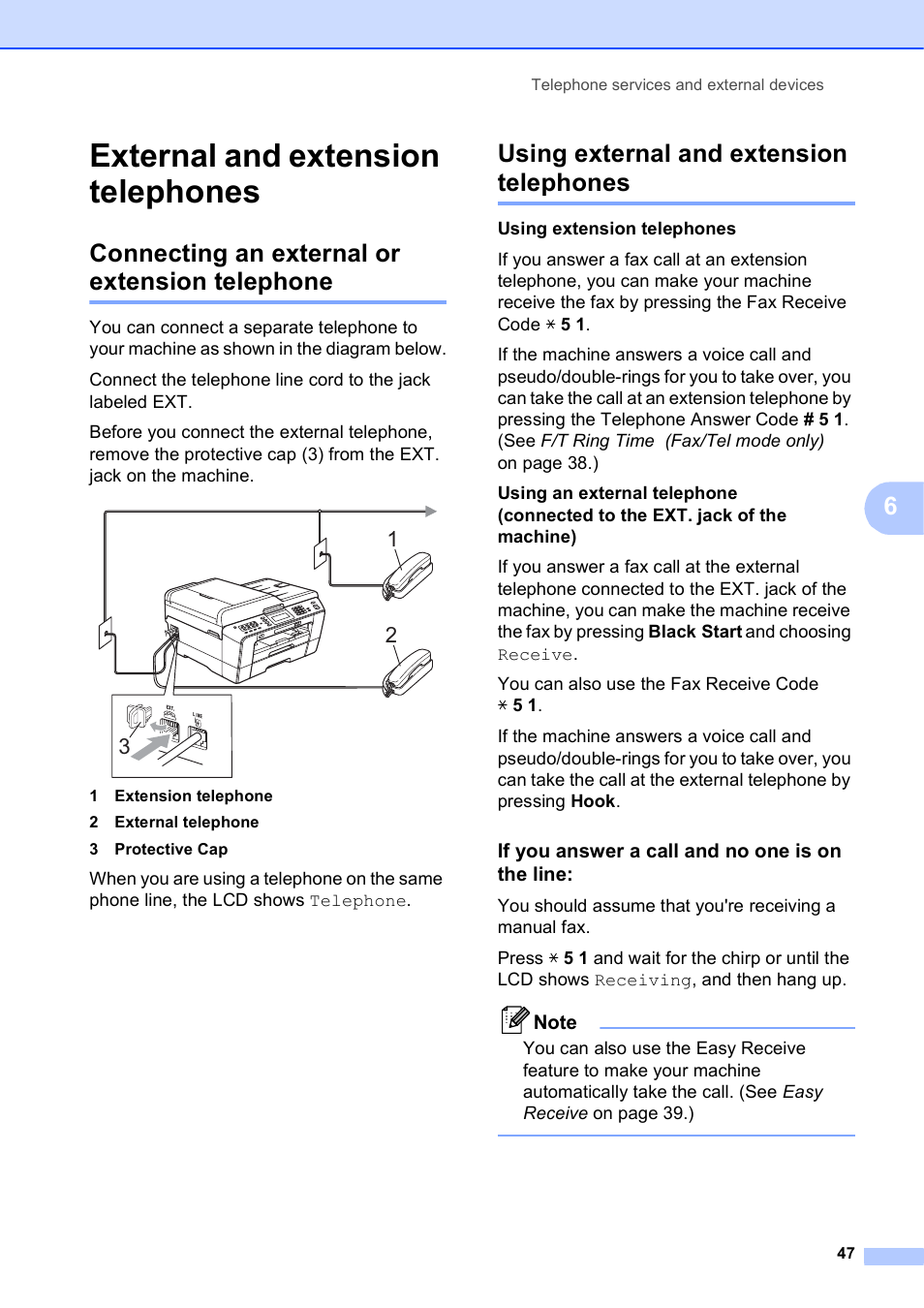 External and extension telephones, Connecting an external or extension telephone, Using external and extension telephones | If you answer a call and no one is on the line | Brother MFC J6910DW User Manual | Page 61 / 163