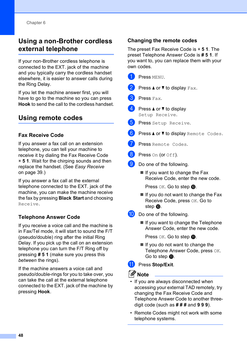 Using a non-brother cordless external telephone, Using remote codes, Fax receive code | Telephone answer code, Changing the remote codes | Brother MFC J6910DW User Manual | Page 62 / 163