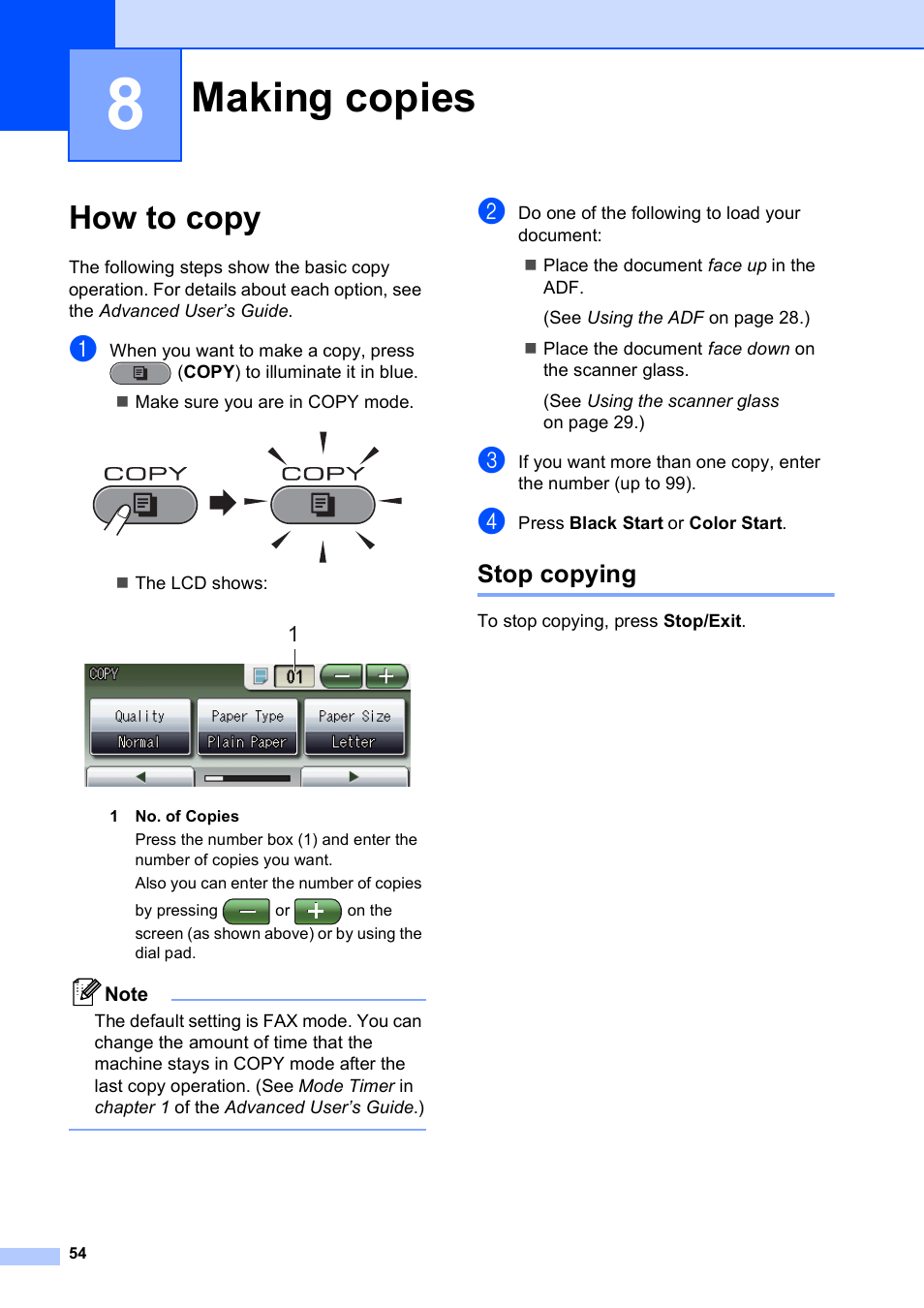 8 making copies, How to copy, Stop copying | Making copies | Brother MFC J6910DW User Manual | Page 68 / 163