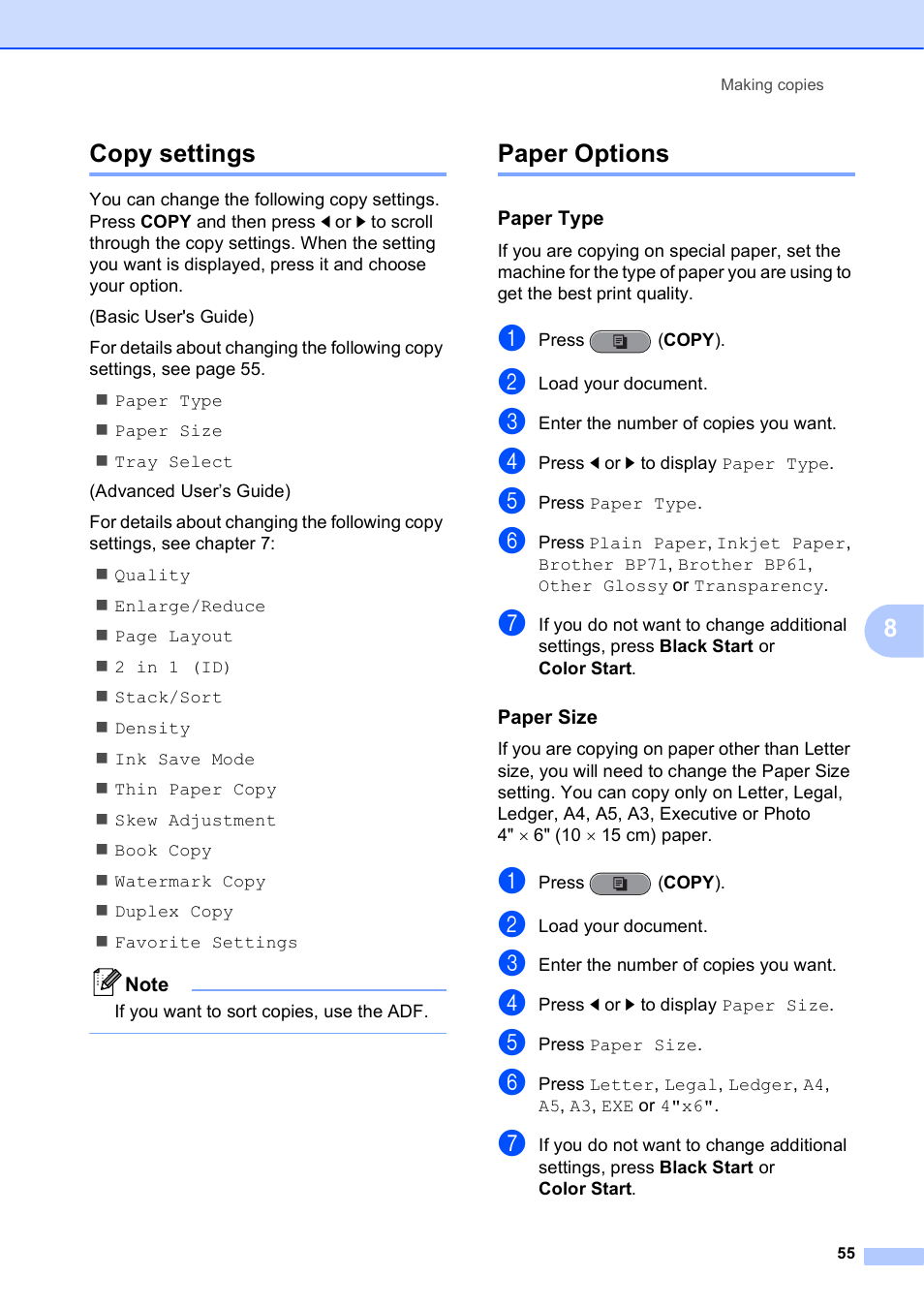 Copy settings, Paper options, Paper type | Paper size, Copy settings paper options, 8copy settings | Brother MFC J6910DW User Manual | Page 69 / 163