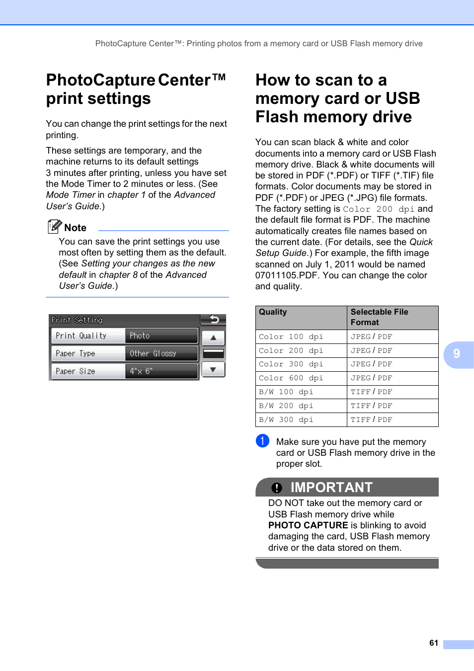 Photocapture center™ print settings, Important | Brother MFC J6910DW User Manual | Page 75 / 163