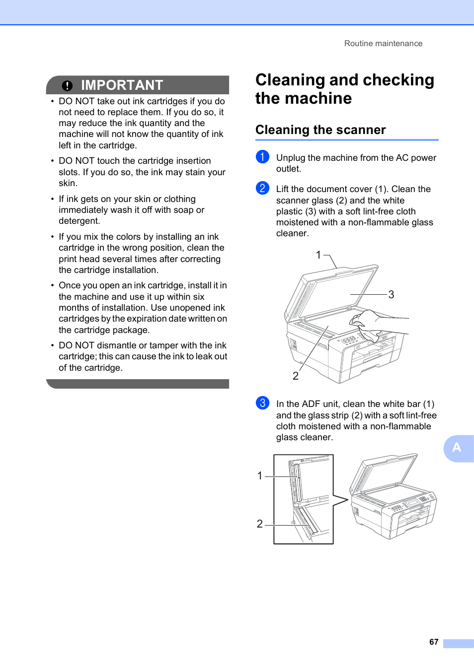 Cleaning and checking the machine, Cleaning the scanner, Important | Brother MFC J6910DW User Manual | Page 81 / 163