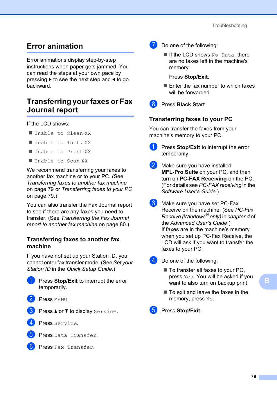 Error animation, Transferring your faxes or fax journal report, Transferring faxes to another fax machine | Transferring faxes to your pc, Berror animation | Brother MFC J6910DW User Manual | Page 93 / 163
