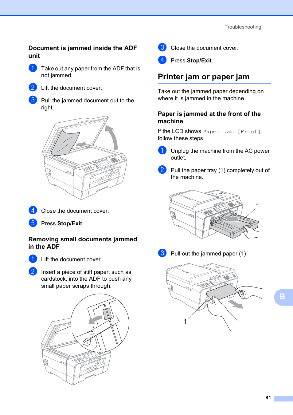 Document is jammed inside the adf unit, Removing small documents jammed in the adf, Printer jam or paper jam | Paper is jammed at the front of the machine | Brother MFC J6910DW User Manual | Page 95 / 163