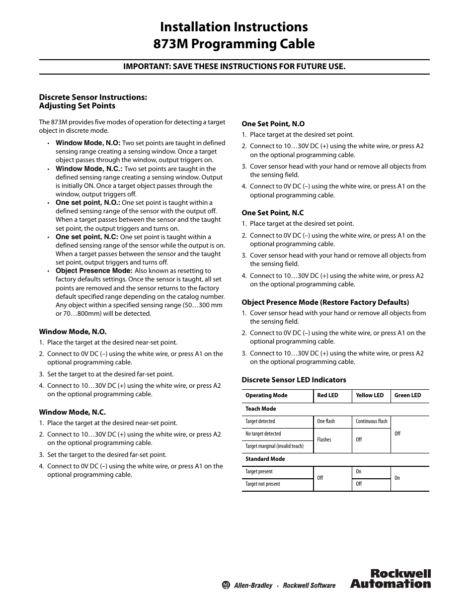 Rockwell Automation 873M Programming Cable User Manual | 2 pages