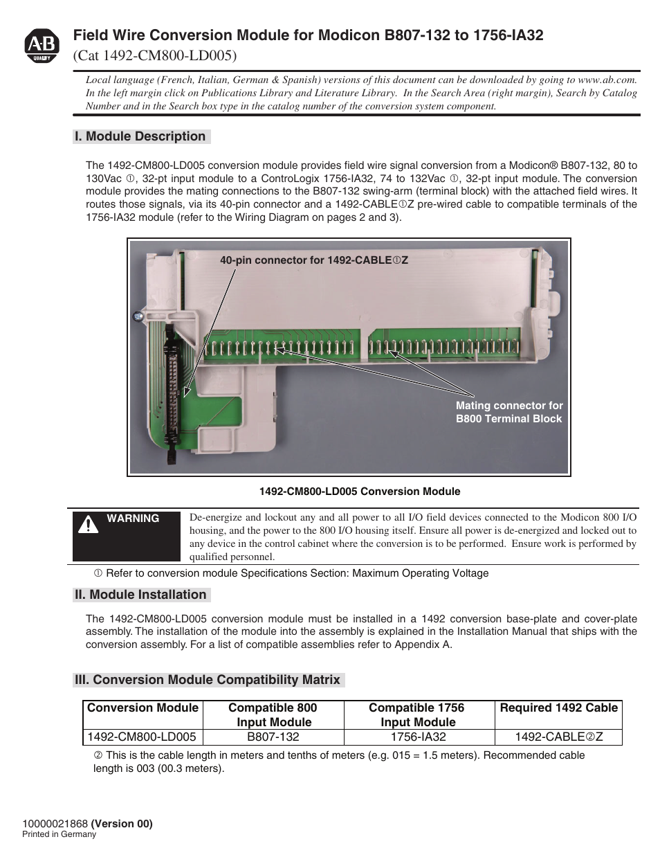 Rockwell Automation 1492-CM800-LD005 Field Wire Conversion Module for Modicon B807-132 to 1756-IA32 User Manual | 4 pages