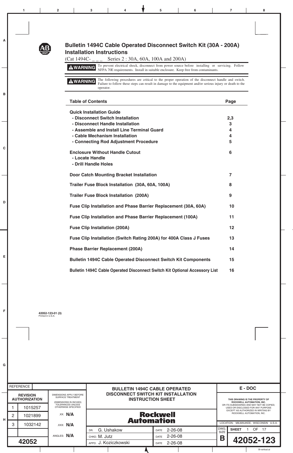 Rockwell Automation 1494C-_ _ _ Series 1 Cable Operated Disconnect Switch Kit and Acessories(30A,60A ,100A,200A) User Manual | 16 pages