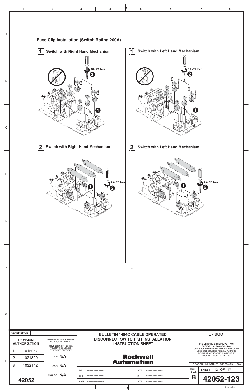 Rockwell Automation 1494C-_ _ _ Series 1 Cable Operated Disconnect Switch Kit and Acessories(30A,60A ,100A,200A) User Manual | Page 12 / 16