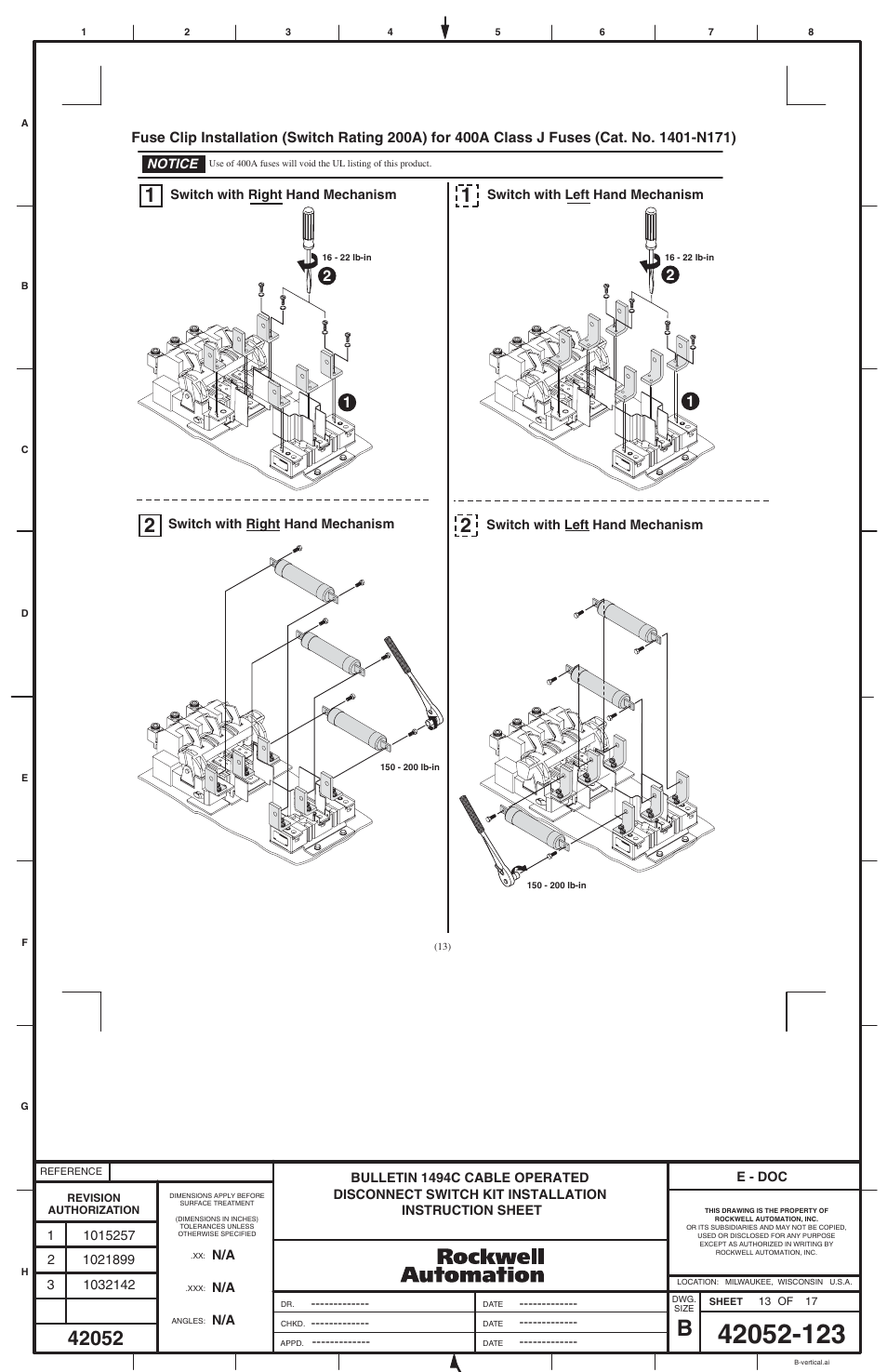 Rockwell Automation 1494C-_ _ _ Series 1 Cable Operated Disconnect Switch Kit and Acessories(30A,60A ,100A,200A) User Manual | Page 13 / 16