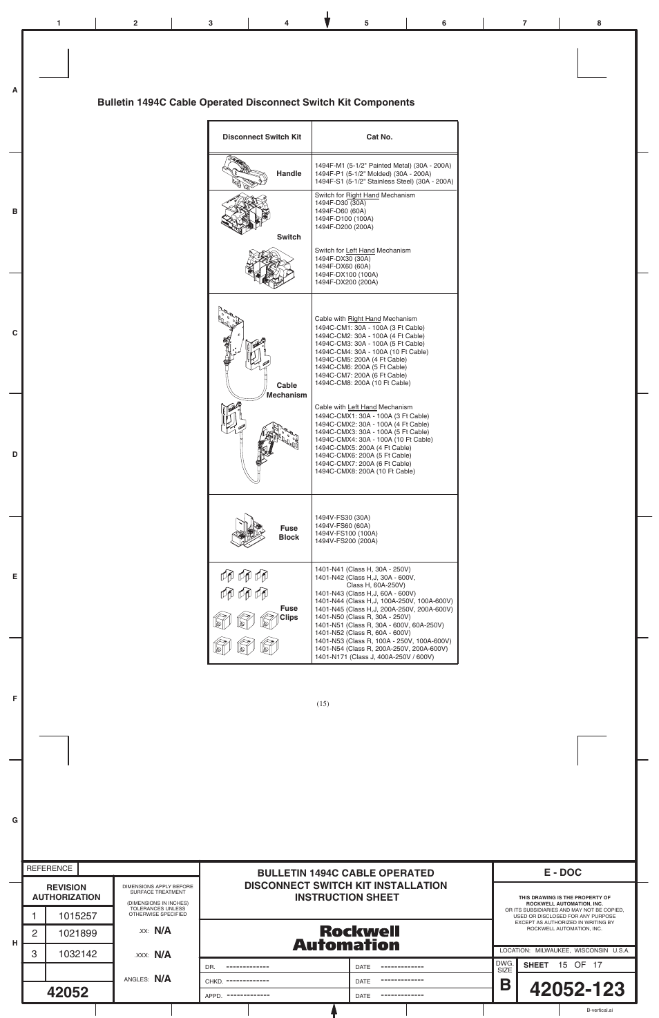 Rockwell Automation 1494C-_ _ _ Series 1 Cable Operated Disconnect Switch Kit and Acessories(30A,60A ,100A,200A) User Manual | Page 15 / 16