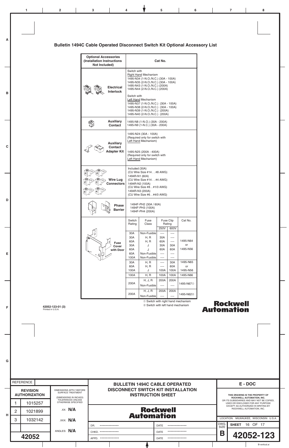 E - doc | Rockwell Automation 1494C-_ _ _ Series 1 Cable Operated Disconnect Switch Kit and Acessories(30A,60A ,100A,200A) User Manual | Page 16 / 16