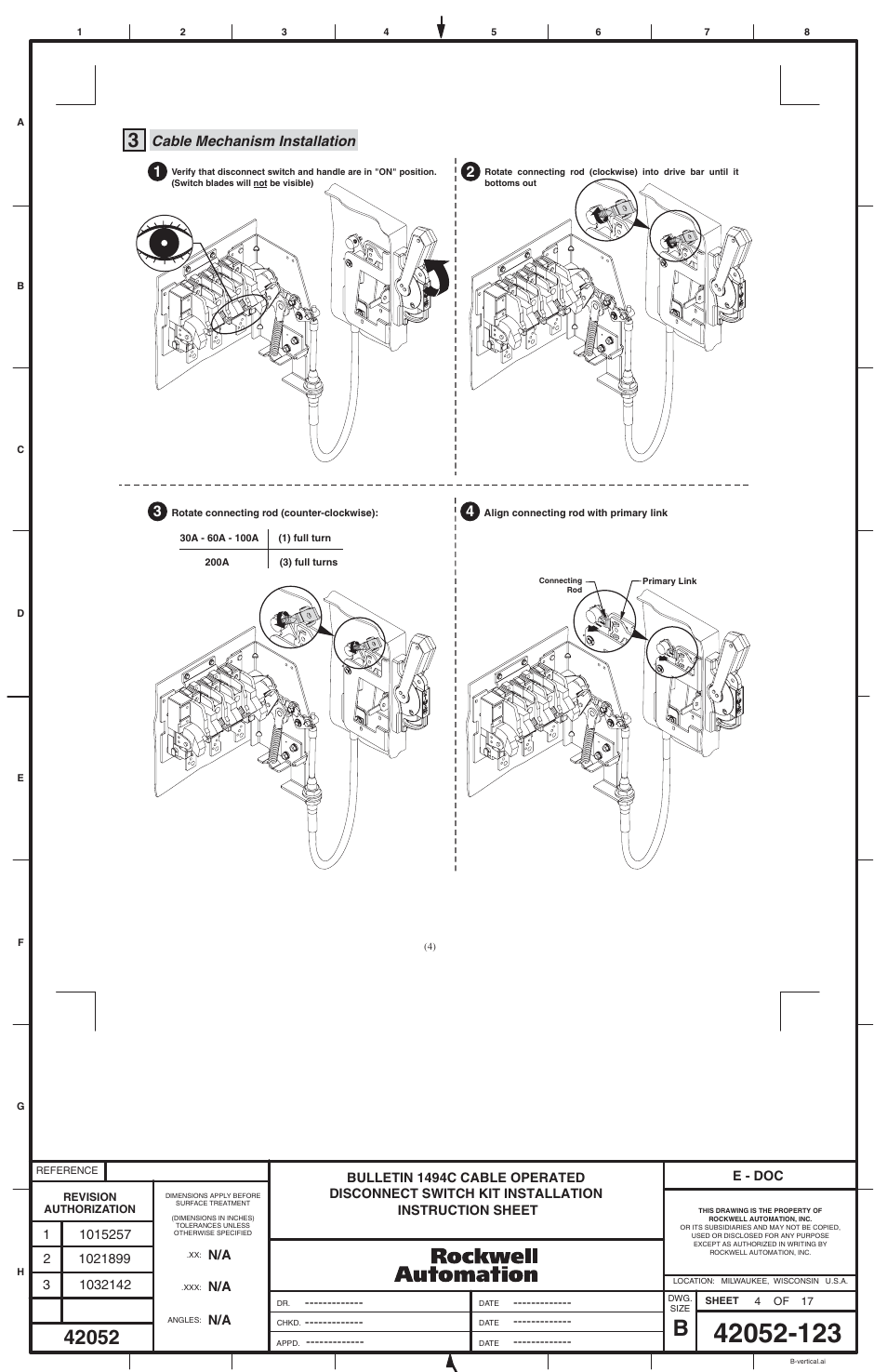 Cable mechanism installation | Rockwell Automation 1494C-_ _ _ Series 1 Cable Operated Disconnect Switch Kit and Acessories(30A,60A ,100A,200A) User Manual | Page 4 / 16