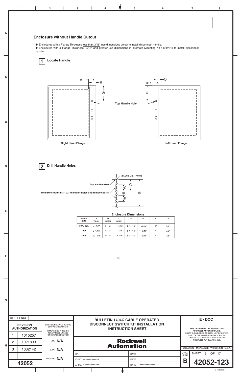 Enclosure without handle cutout, E - doc | Rockwell Automation 1494C-_ _ _ Series 1 Cable Operated Disconnect Switch Kit and Acessories(30A,60A ,100A,200A) User Manual | Page 6 / 16