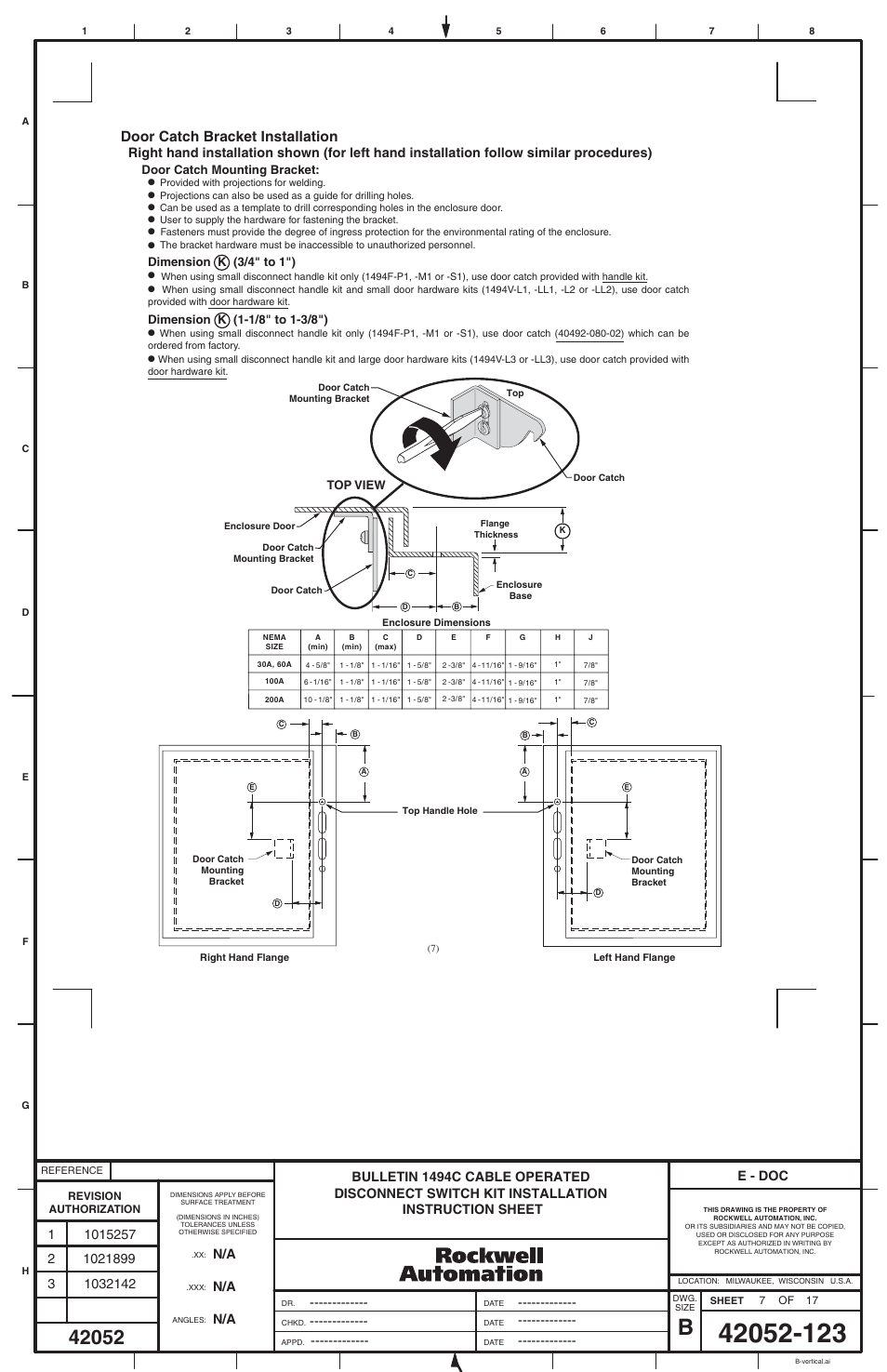 Door catch bracket installation, E - doc | Rockwell Automation 1494C-_ _ _ Series 1 Cable Operated Disconnect Switch Kit and Acessories(30A,60A ,100A,200A) User Manual | Page 7 / 16
