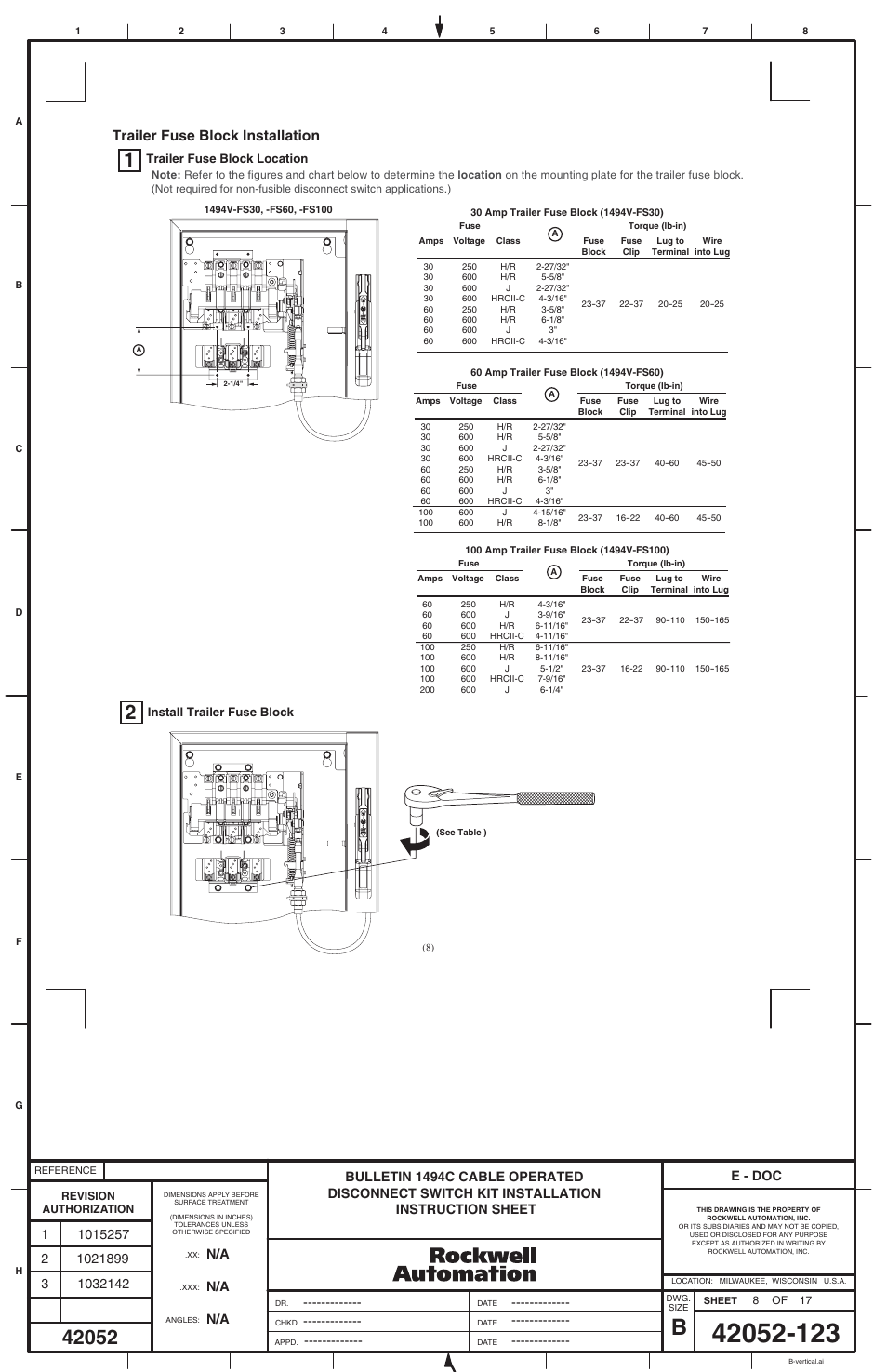 Trailer fuse block installation, E - doc | Rockwell Automation 1494C-_ _ _ Series 1 Cable Operated Disconnect Switch Kit and Acessories(30A,60A ,100A,200A) User Manual | Page 8 / 16