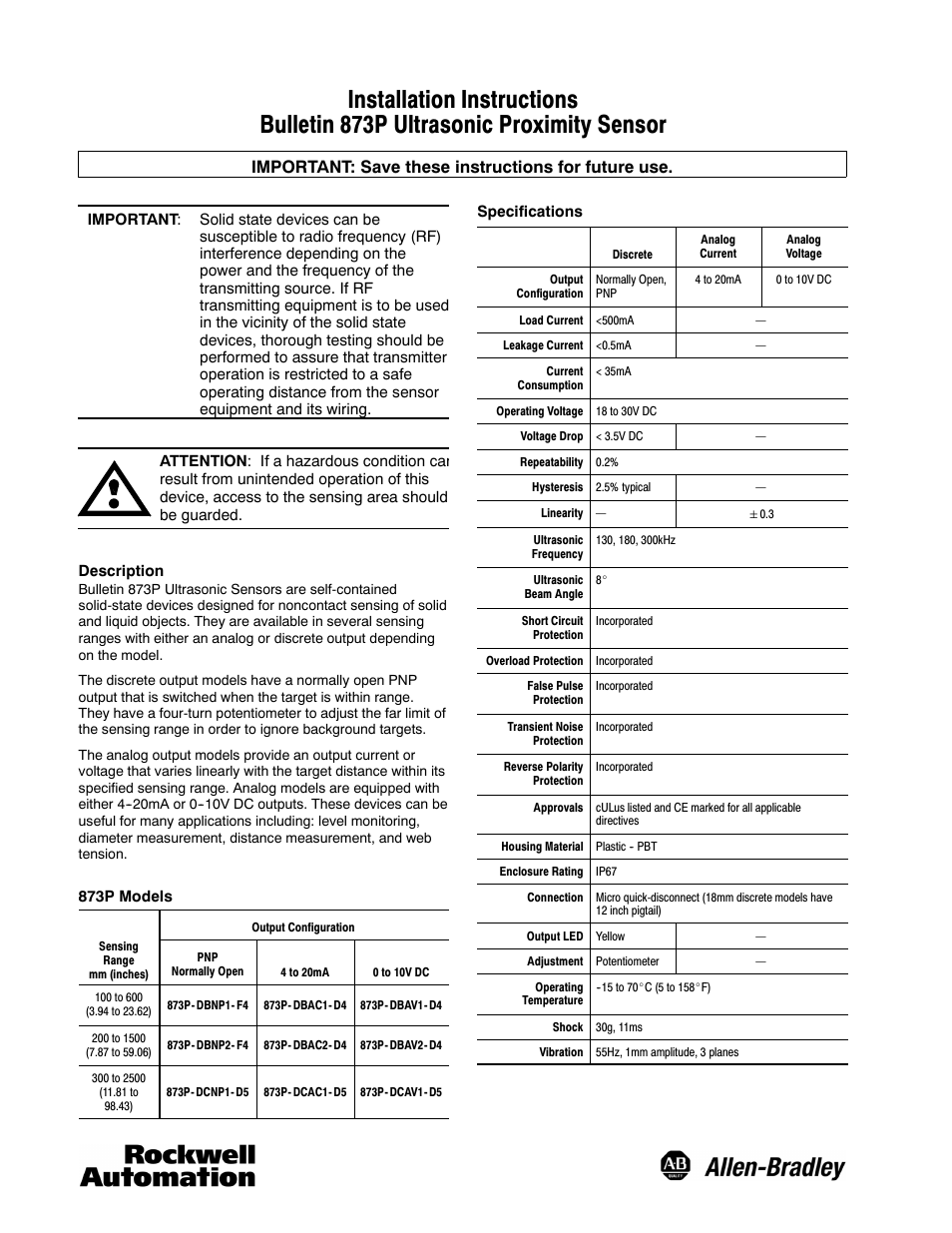 Rockwell Automation 873P Analog or Discrete Ultrasonic Sensors User Manual | 4 pages