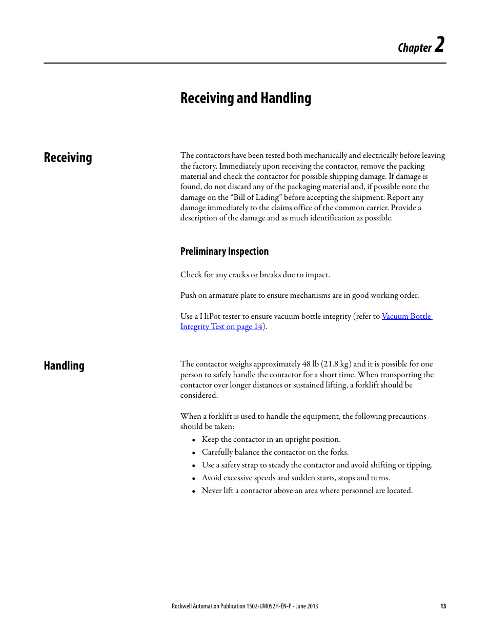 2 - receiving and handling, Receiving, Preliminary inspection | Handling, Chapter 2, Receiving and handling | Rockwell Automation 1502 Medium Voltage 400A Contactor - Series E User Manual | Page 13 / 60