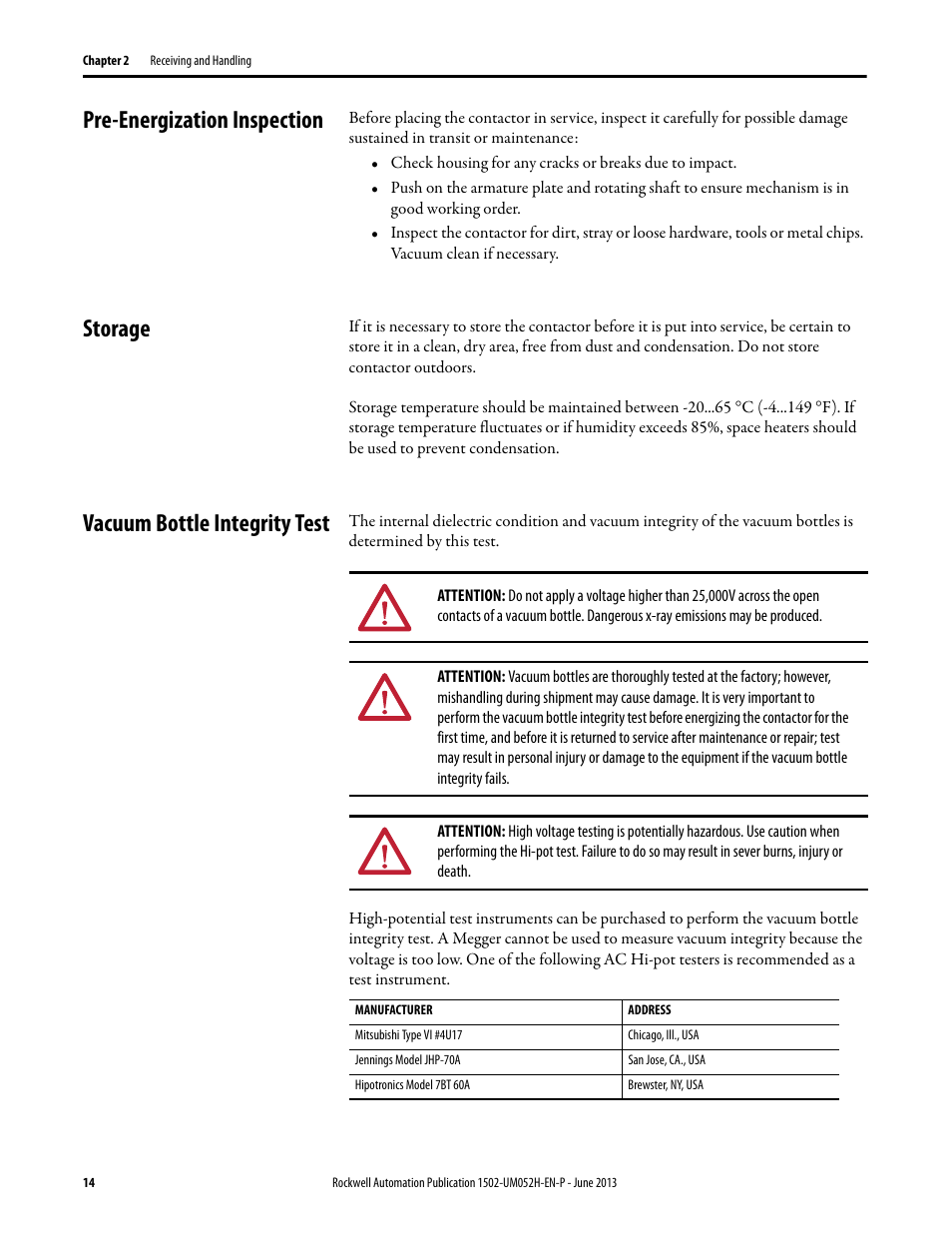 Pre-energization inspection, Storage, Vacuum bottle integrity test | Rockwell Automation 1502 Medium Voltage 400A Contactor - Series E User Manual | Page 14 / 60