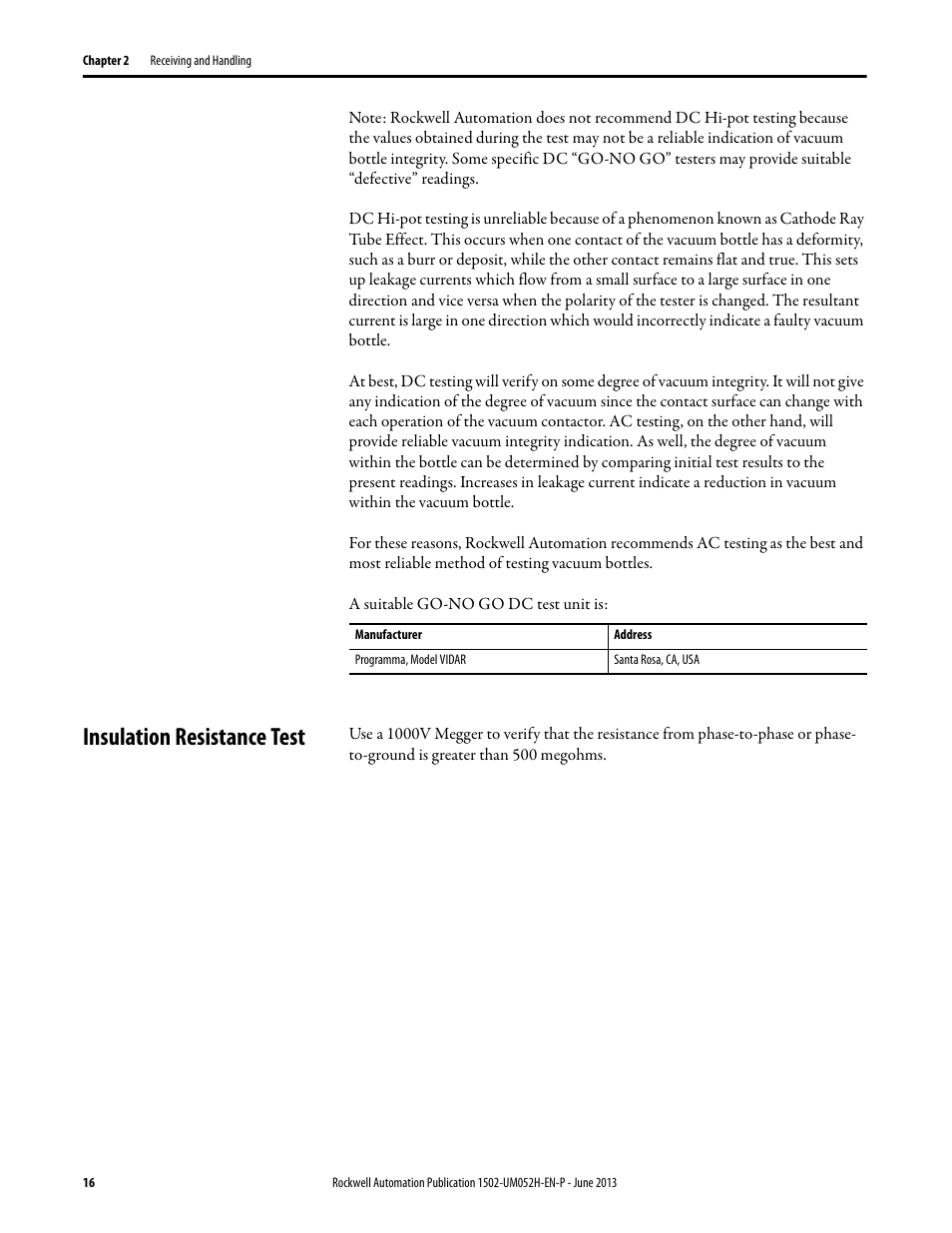 Insulation resistance test | Rockwell Automation 1502 Medium Voltage 400A Contactor - Series E User Manual | Page 16 / 60