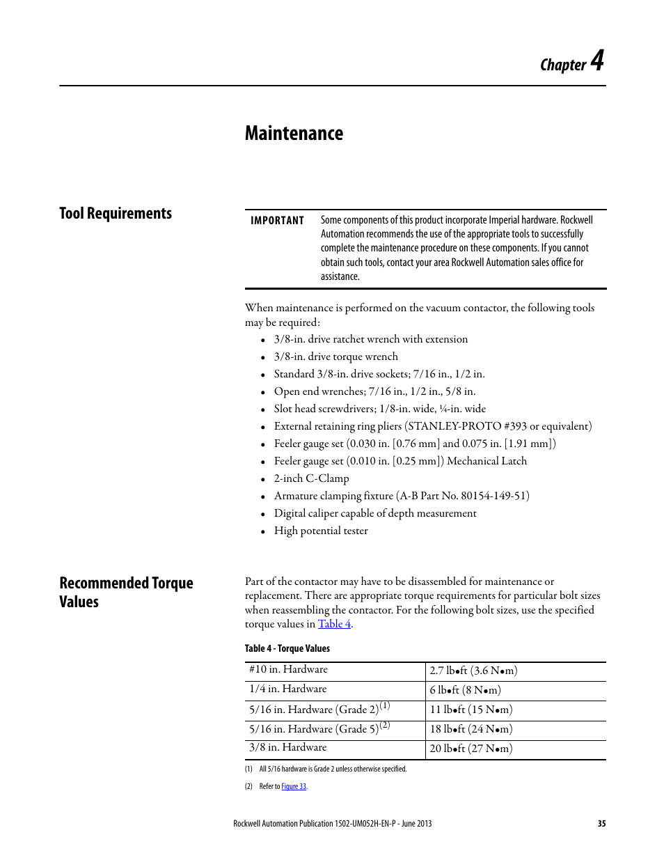 4 - maintenance, Tool requirements, Recommended torque values | Chapter 4, Maintenance, Tool requirements recommended torque values, Chapter | Rockwell Automation 1502 Medium Voltage 400A Contactor - Series E User Manual | Page 35 / 60