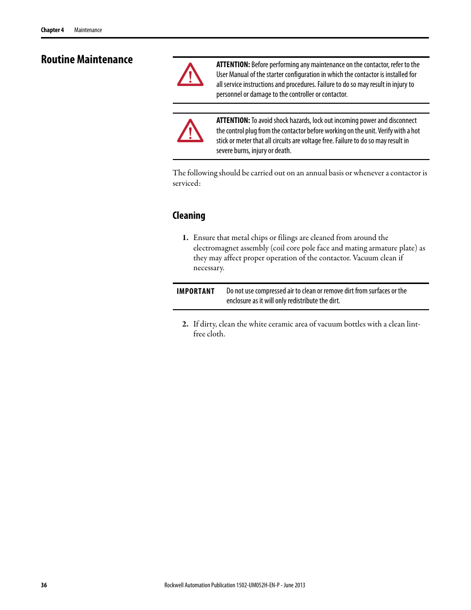 Routine maintenance, Cleaning | Rockwell Automation 1502 Medium Voltage 400A Contactor - Series E User Manual | Page 36 / 60