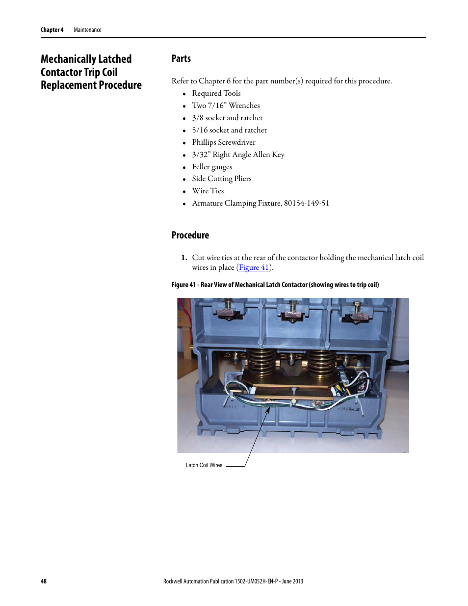 Parts, Procedure, Parts procedure | Rockwell Automation 1502 Medium Voltage 400A Contactor - Series E User Manual | Page 48 / 60